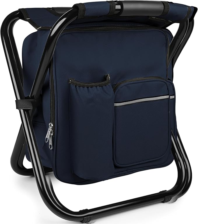 Kikerike Backpack Stool Cooler Chair Heavy Duty 300 LBS Max Load Portable Lightweight Stool Backpack Folding Fishing Cooler Seat for Camping Hunting Fishing - Navy Blue