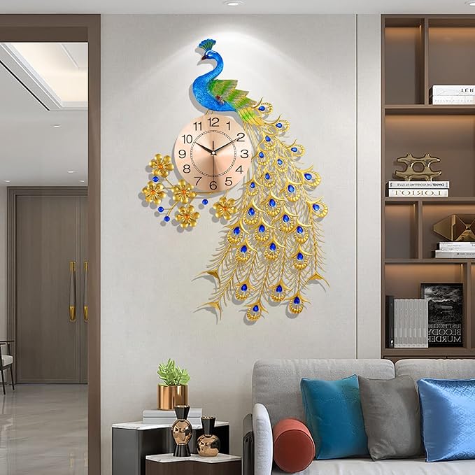 Large Peacock Wall Clock for Living Room Decor, Mid Century Decorative Big Wall