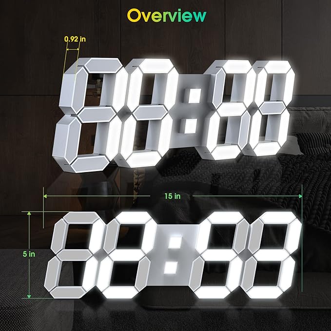 15" 3D LED Digital Wall Clock, Large Decor Wall Clock, Time/Date/Temperature