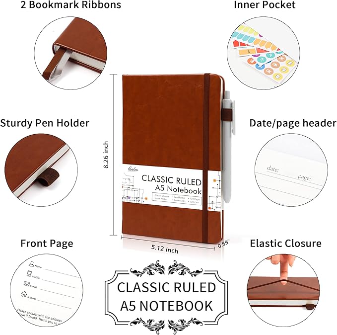 feela 3 Pack Notebooks Journals Bulk with 3 Black Pens, A5 Hardcover Notebook Classic Ruled Lined Journal Set with Pen Holder for Work Business Journaling Note Taking, 120 GSM, 5.1”x8.3”, Brown