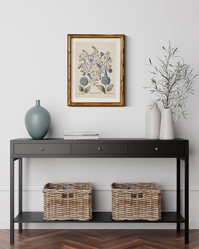 InSimSea Gold Bamboo Framed Canvas Wall Art, Retro Blue Hydrangea Botanical