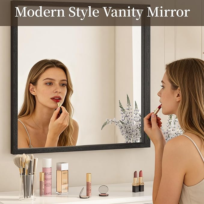 Syndra Square Black Wood Frame Bathroom Mirror, Waterproof Slim Deep Frame