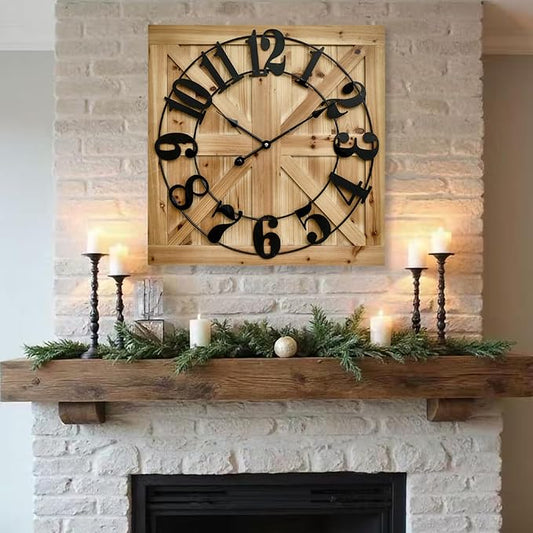 EMAX HOME Large Farmhouse Wall Clock – 24 Inch Brown Square Rustic Wooden Clock