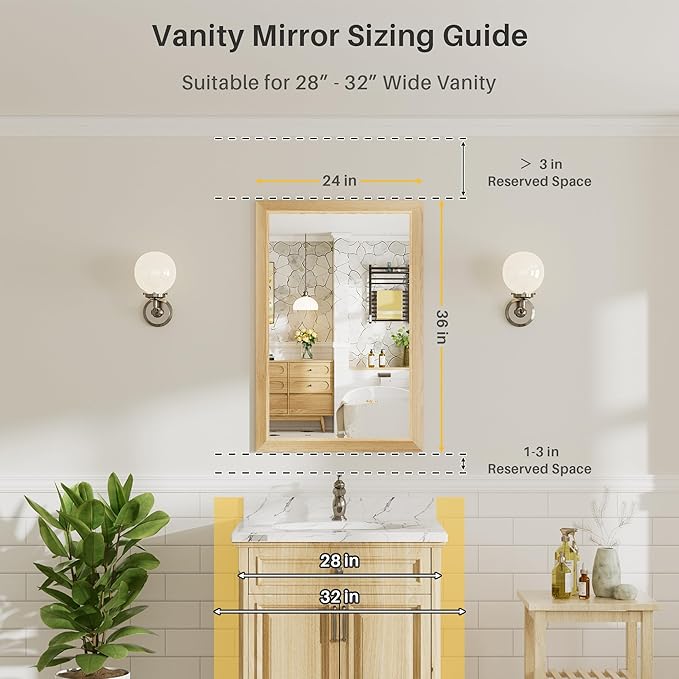 24x36 Inch Bathroom Mirror for Wall, Anti-Rust Oak Wood Grain Metal Framed