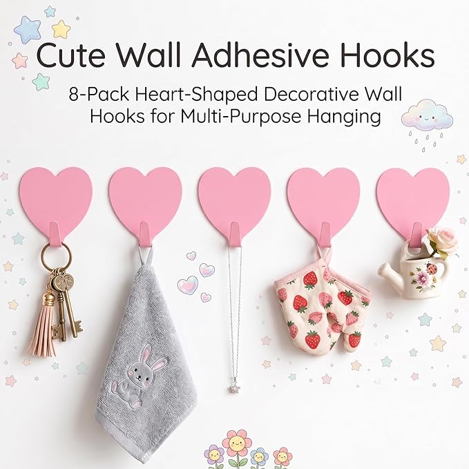 Heart Wall Hooks, 8 Pack, Small Pink Decorative Accessories, Purse Hanger