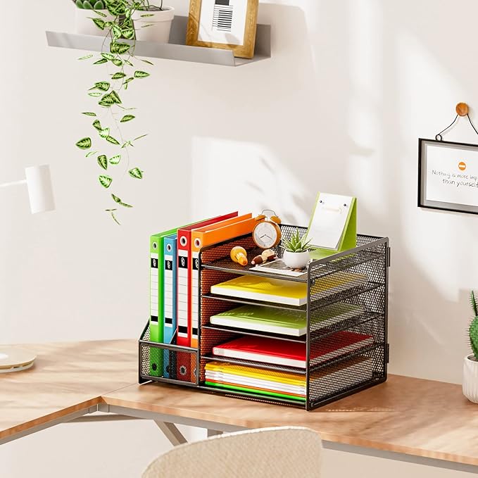 Marbrasse Desk Organizer with File Holder, 5-Tier Paper Letter Tray Organizer, Mesh Desk Organizers and Accessories with Magazine Holder, Desktop Storage for Office Supplies (Black)