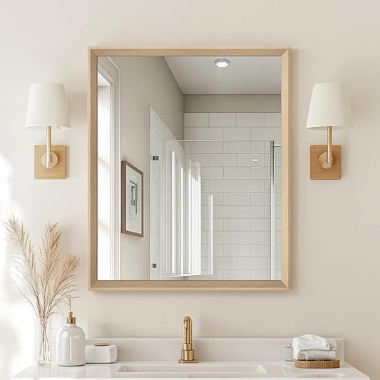 Oak Wood Effect Framed Wall Mirror, 30x36 Rectangle Mirror, Anti-desilvering