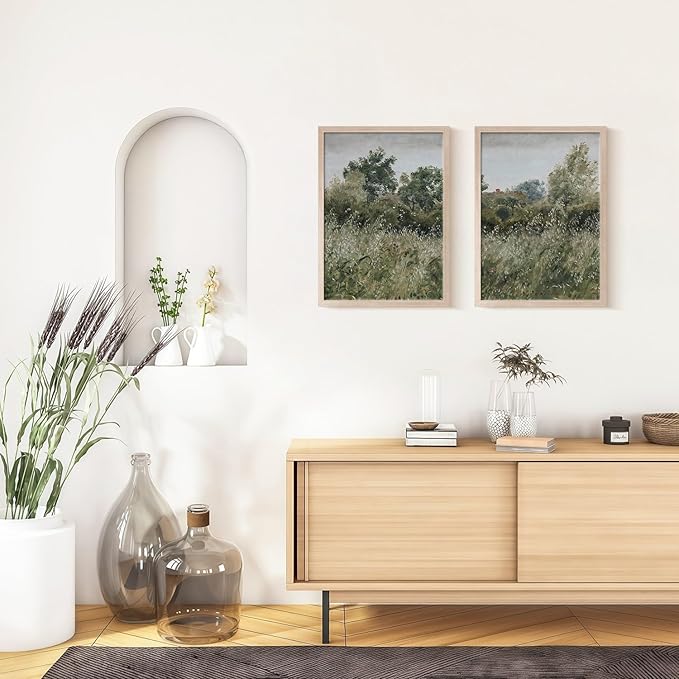 Framed Vintage Canvas Wall Art Nature Scenery Tranquil Outdoor Greenery Poster Picture Countryside Painting Natural Landscape Modern Home Print Living Room Gallery Ready to Hang 16x24 inches x2