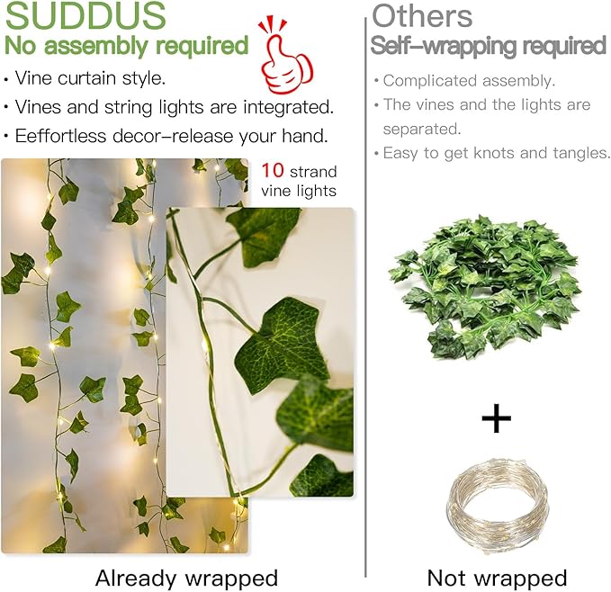 suddus Vines with Light for Bedroom, 200 LED Fairy Lights with Vines, Ivy