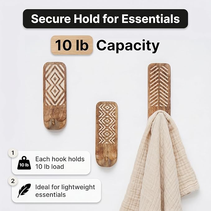 Indian Shelf 10 LB Decorative Wood Adhesive Wall Hooks – Boho Peel and Stick