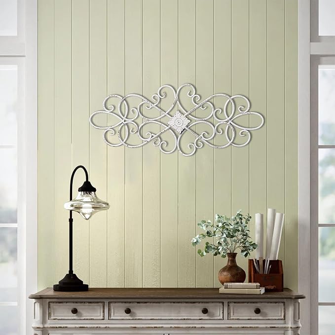 Sintosin White Flower Scroll Metal Wall Art Decor 32" x 13", Hanging Vintage Large Floral Wrought Iron Wall Decor, Farmhouse Wall Sculptures Decorations for Living Room Bedroom Indoor Outdoor