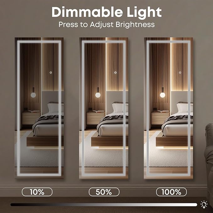 Kosmonia 65x22 Frameless Full Length Mirror, Dimmable 3 Color LED Light