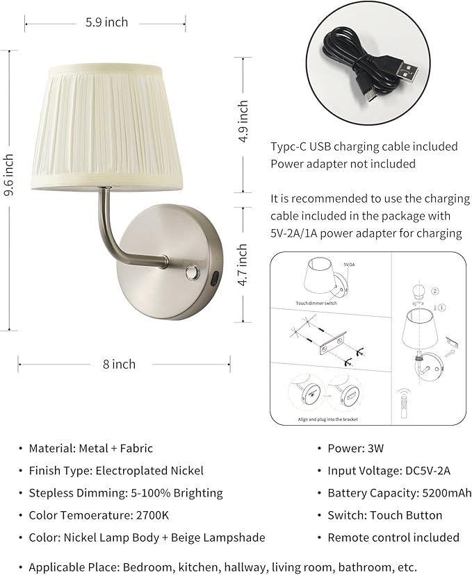 PUSU LED Cordless Nickel H9.6 inch Small Wall Sconces Set of 2, Rechargeable