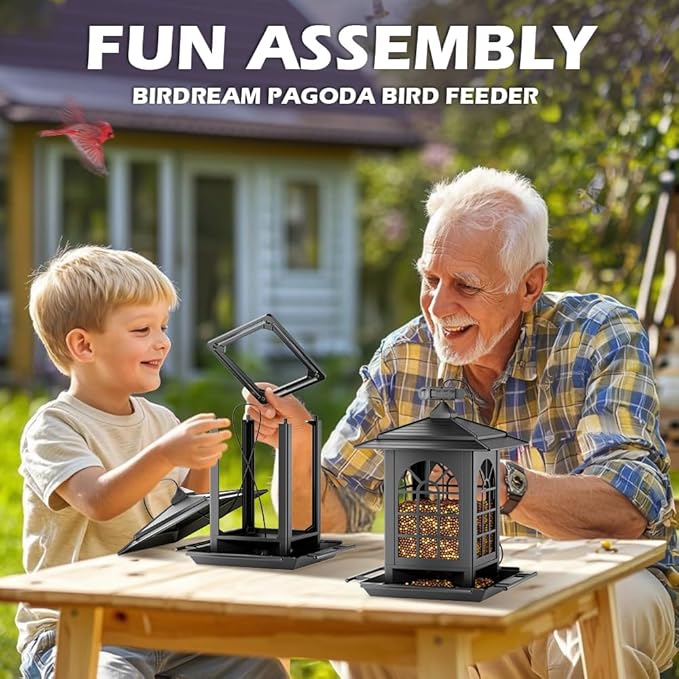 Birdream Bird Feeders for Outdoor Hanging, Assembly Required, 1-Min Easy Setup, Classic Courtyard Design, Attracting Cardinals Chickadees Goldfinches & Sparrows - Black