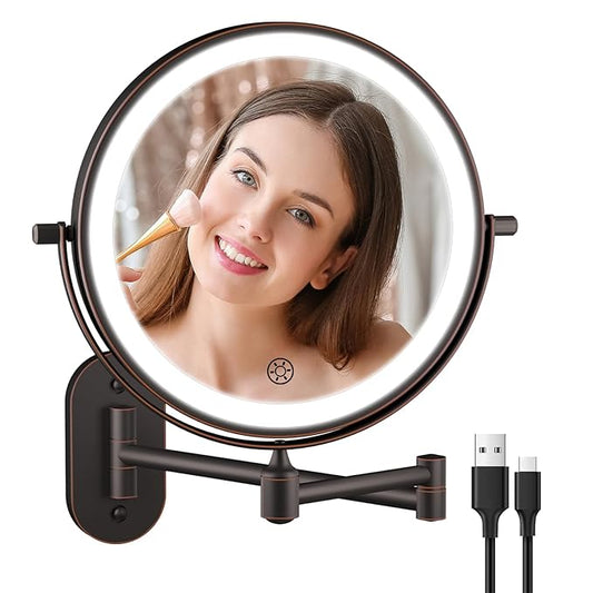 5000mAh Rechargeable Wall Mounted Lighted Makeup Vanity Mirror Double Sided 1X