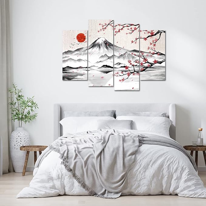 LyerArtork 4 Panel Japanese Ink Painting Wall Art Mount Fuji