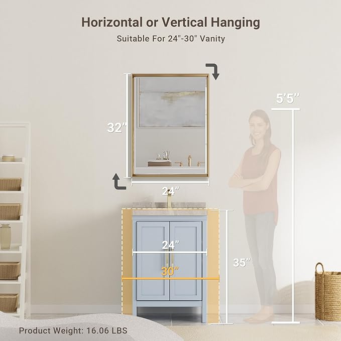 Gold Bathroom Mirror, 24x32 Brushed Gold Bathroom Mirror Beveled Edge,