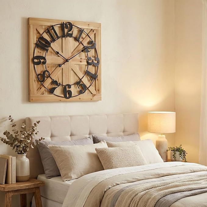 EMAX HOME Large Farmhouse Wall Clock – 24 Inch Brown Square Rustic Wooden Clock