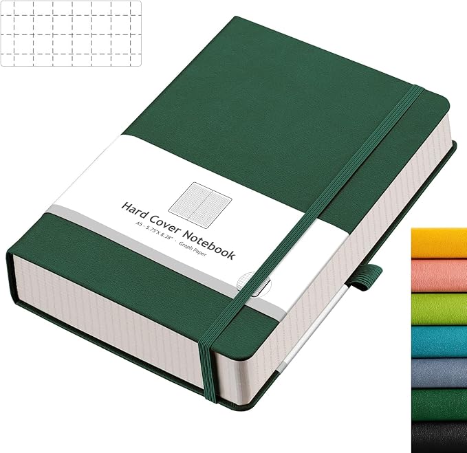 AHGXG Graph Paper Notebook - 320 Pages Grid Notebook Thick Journal A5, 100gsm Thick Graph Paper, Leather Hardcover, Inner Pocket,5.75'' × 8.38''- Green