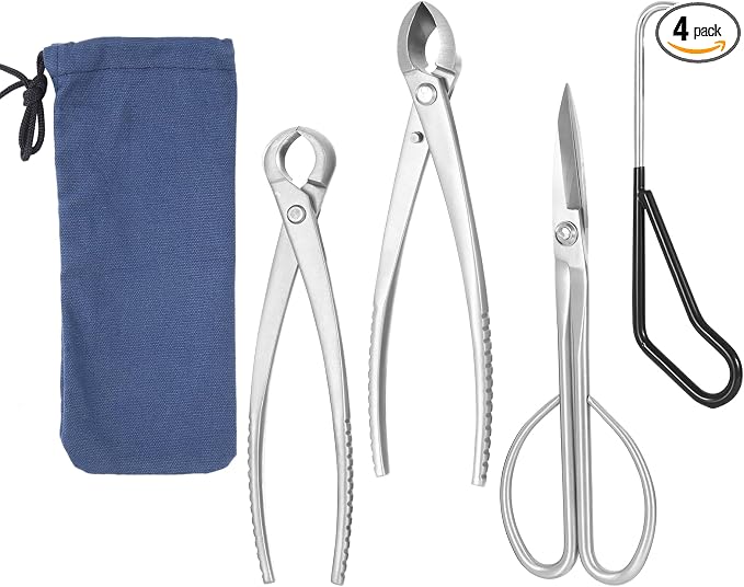 4 Piece Bonsai Tools Set, Bonsai Tree Tools, Knob Cutter, Concave Cutter, Plant Care and Root Hook, Gardening Trimming Care Kit with Storage Bag