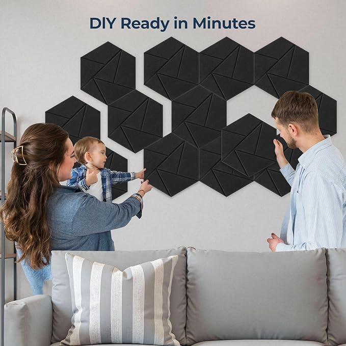 12 Pack Hexagon Acoustic Panels, Self-Adhesive Acoustic Wall Panels