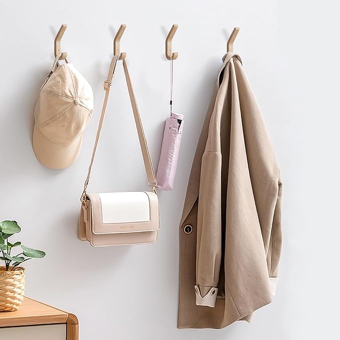 Natural Wood Wall Hooks, 4 Pack Wall Mounted Wooden Coat Hooks, Modern