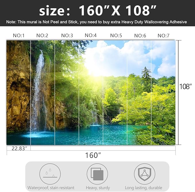 -Green Lake Waterfall Scenery Fabric Wallpaper Living Room Woodland Forest