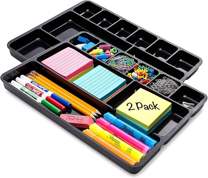 Desk Drawer Organizer Tray with 9 Storage Compartments - For Home and Office - Drawer Organizers Office, Perfect Organizing Pens, Pencils, Paper Clips, Sticky Notes and all your Supplies - 2 Pack