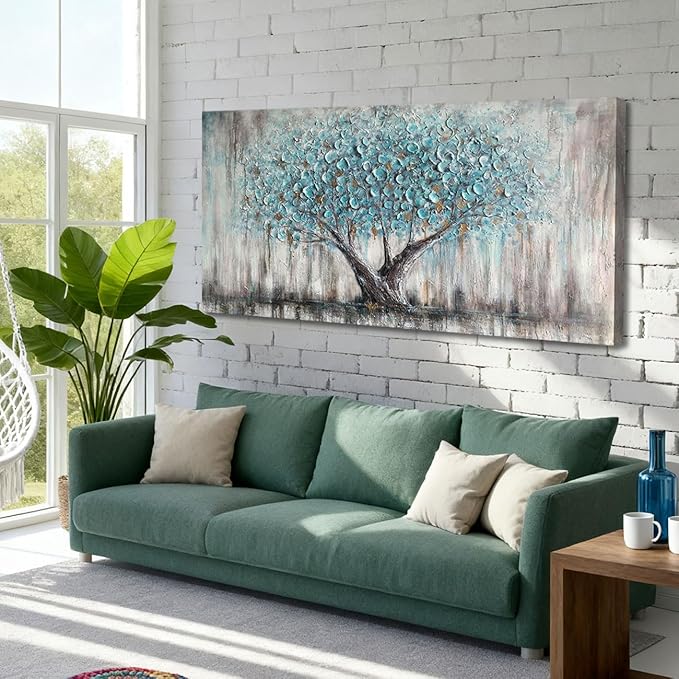 Arjun Tree Wall Art Canvas for Living Room Blue Tree of Life Nature Teal Abstract Painting, Textured Picture Modern Panoramic Landscape Artwork Large Framed Bedroom Home Office Decor 48"x24"