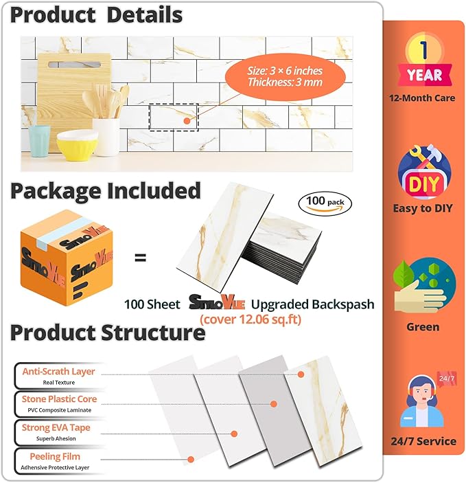 StyloVue 100 Pieces Peel and Stick Backsplash