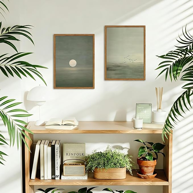 Framed Sage Green Japanese Canvas Wall Art Set of 2, Minimalist Moon and Birds
