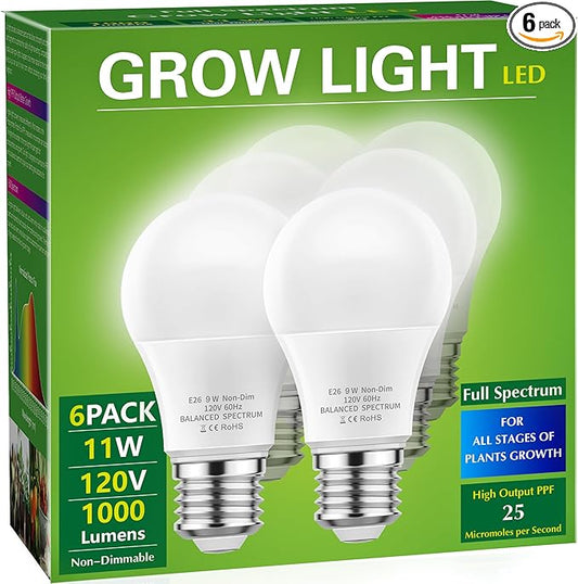 Briignite Full Spectrum LED Grow Light Bulbs, A19 Shape, E26 Base, 11W, 100W Equivalent, 6 Pack for Indoor Plants & Seed Starting