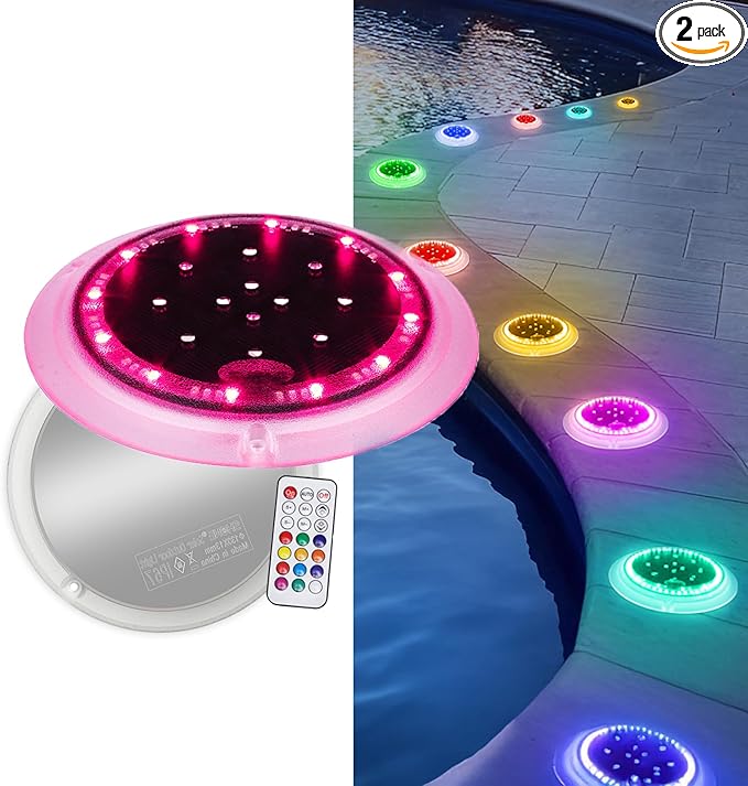SHONELIGHTING Solar Driveway Lights, 48 LEDs 12-Color Changing Flat Dock Ground Lights, Waterproof Low Profile for Driveway, Walkway, Deck, Patio, Pathway, Poolside (RGB-W, 2 Pack)