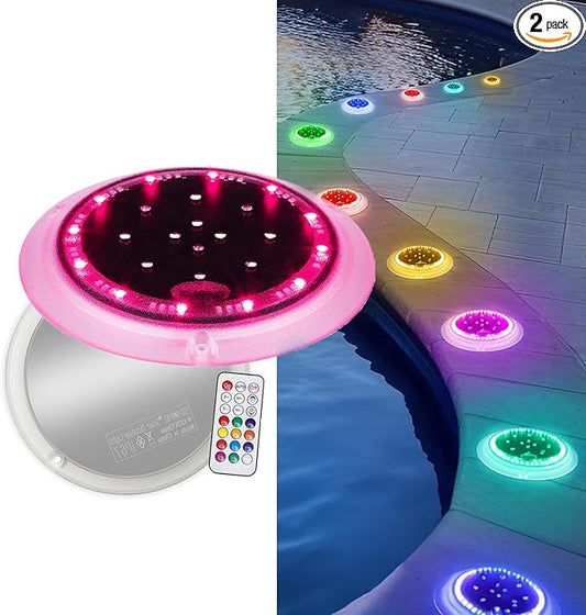 SHONELIGHTING Solar Driveway Lights, 48 LEDs 12-Color Changing Flat Dock Ground Lights, Waterproof Low Profile for Driveway, Walkway, Deck, Patio, Pathway, Poolside (RGB-W, 2 Pack)