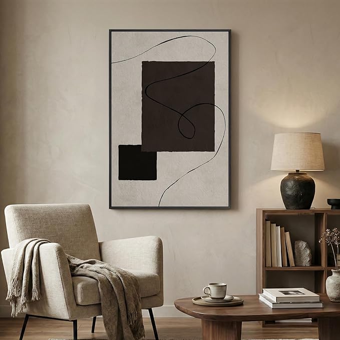 Framed Modern Black and White Neutral Abstract Wall Art, Contemporary