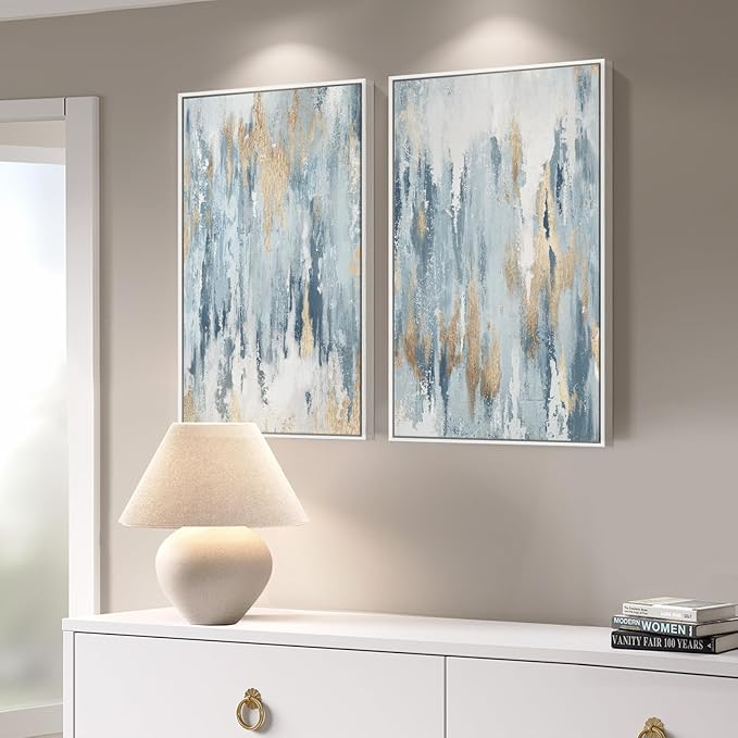 White Framed Blue and Gold Abstract Canvas Wall Art
