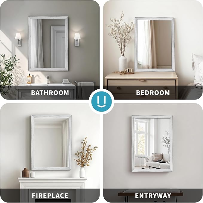 White Grey Wood Effect Framed Wall Mirror, 22x30 Rectangle Mirror,