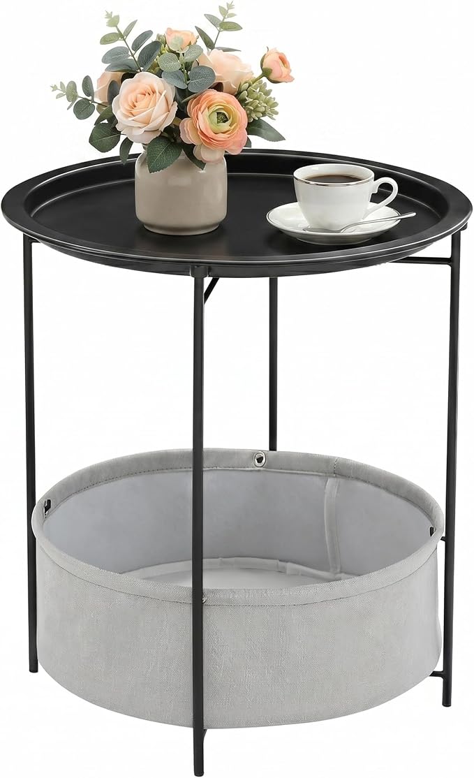 VECELO Round Side/End Table with Fabric Storage Basketï¼Metal Anti-Rust and Waterproof Small Bedside Nightstand with Removable Tray Top for Living Roomï¼Balcony & Laundryï¼Black /1pcs with Basket