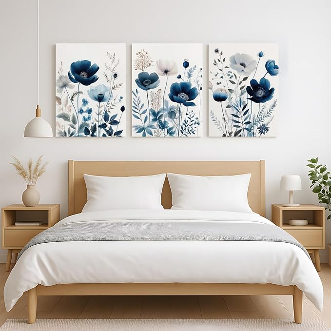 LLEEMPI Framed Navy Blue Floral Wall Art Set of 3, Modern Wildflower Wall Decor