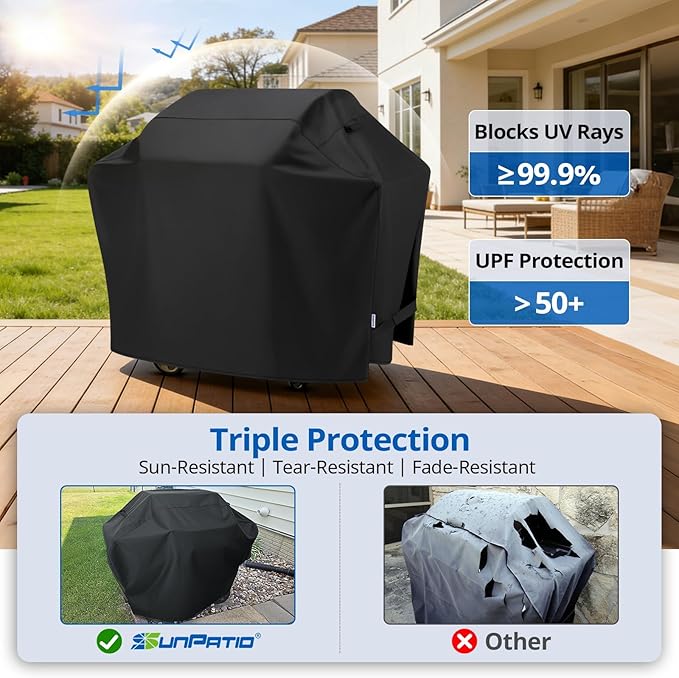 SunPatio Barbecue Grill Cover 65 Inch, Outdoor Heavy Duty Waterproof Charcoal Gas Grill Cover, Fade Resistant, All Weather Protection Compatible for Weber Charbroil Nexgrill and More, Black