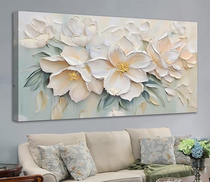 Anolyfi White Textured Flowers Large Canvas Wall Art