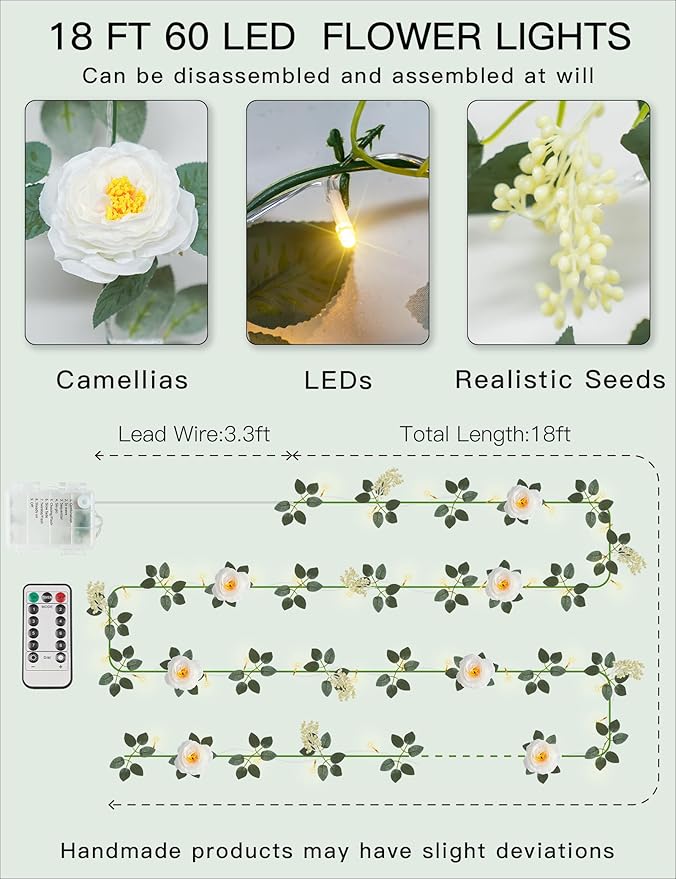 suddus Flower Garland with White Camellia Fairy Lights Indoor, 60 LED Vines