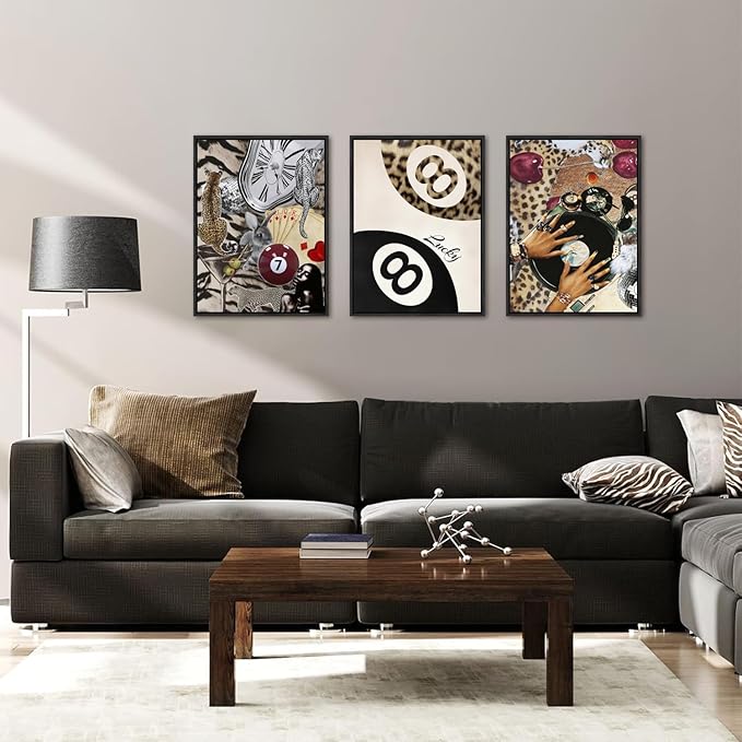 Fashion Cheetah Wall Art Set of 3 Leopard Wall Decor Pictures Lucky 8 Ball
