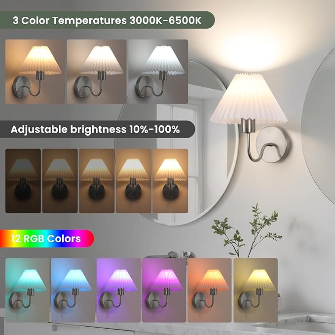 Wireless Wall Sconce Sets of 2, Pleated Shades Rechargeable Battery Operated