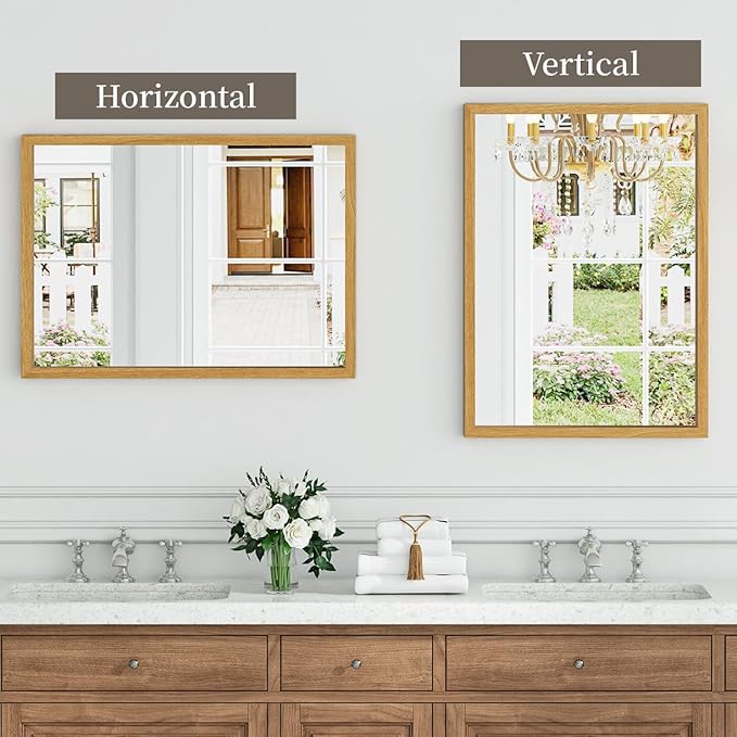 Syndra Natural Wood Frame Bathroom Mirror, 22x30'' Modern Vanity Mirror