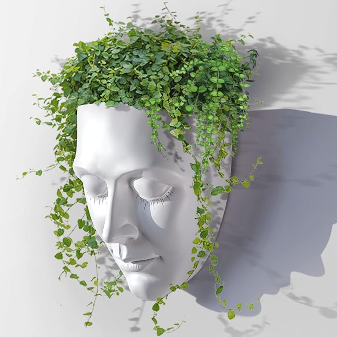Head Planter Wall Mounted, 6.6 Inch Resin Face Wall Planter Wall Vase for Flower Plant Pot with Drainage Suitable for Home Decor Planter Gifts