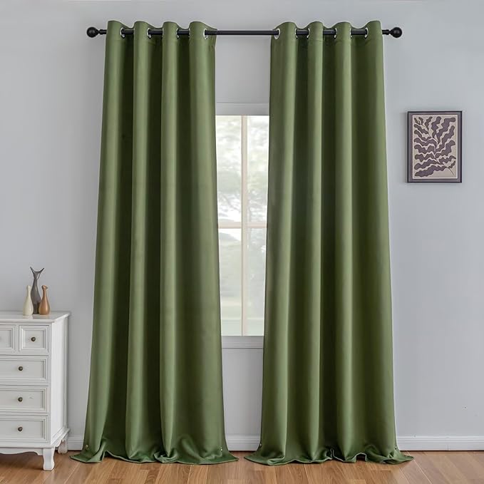 IGEMAEVE Olive Green Curtains 96 Inch Length 2 Panels Set, Light Filtering