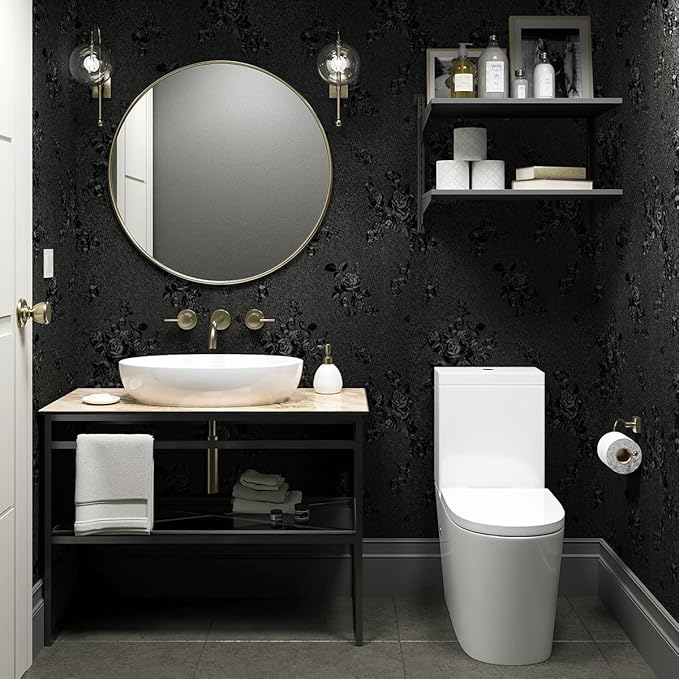 Erfoni Black Peel and Stick Wallpaper Black Floral Embossed Contact Paper