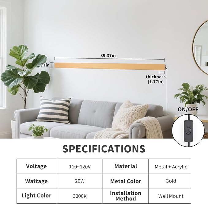 KELUOLY Modern Plug in Long Wall Sconce, 20W Warm White 3000K Acrylic Indoor
