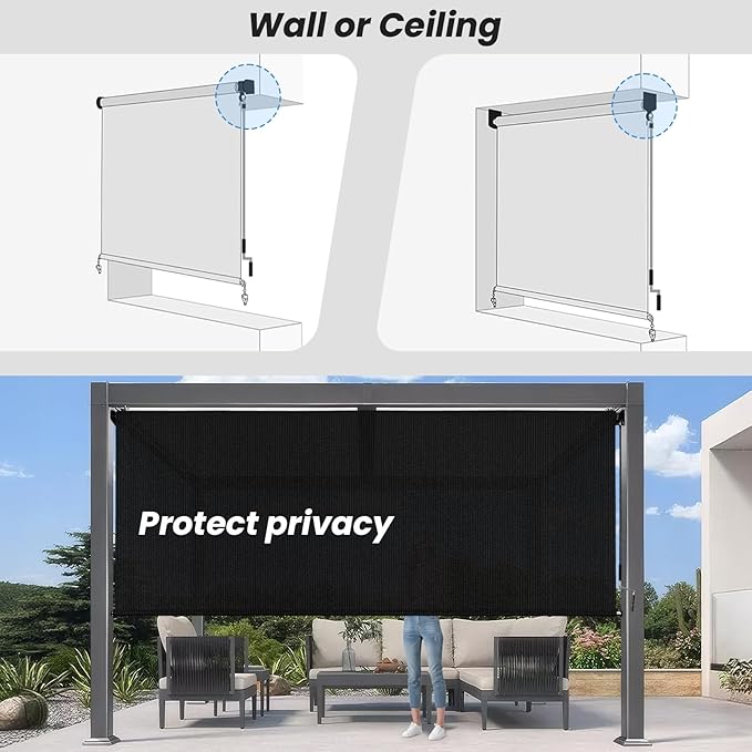 8'W x 8'H Black Patio Shades Roll up Outdoor Roller Shade Crank Wand Blind